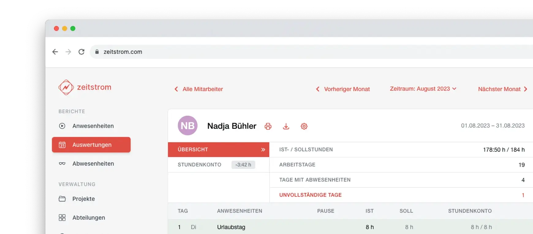 Zeitstrom Dashboard – Intuitive Benutzeroberfläche